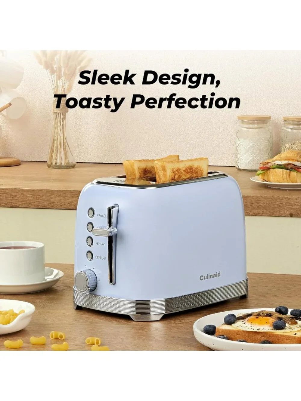2 Slice Retro Blue Stainless Steel 1.5” Extra Wide Slots with Bagel Toaster